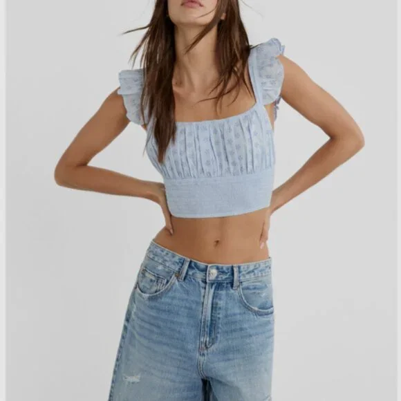 Stradivarius Black Eyelet Ruffle Crop Top (Size S) New Without Tags 🖤 - Picture 3 of 12